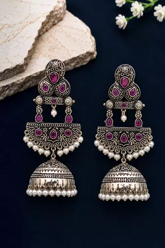 German silver crescent wine long dome jhumka earrings