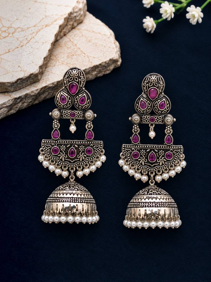 German silver crescent wine long dome jhumka earrings