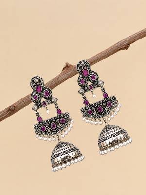 German silver crescent wine long dome jhumka earrings 2