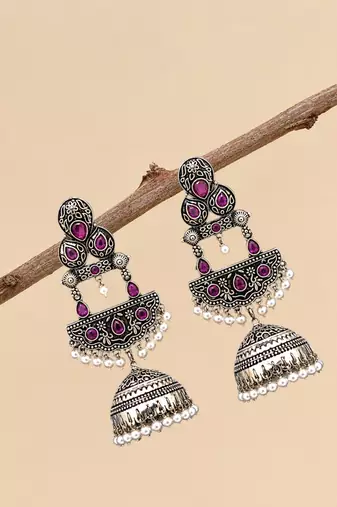 German silver crescent wine long dome jhumka earrings