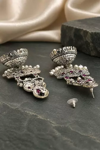 German silver crescent wine long dome jhumka earrings