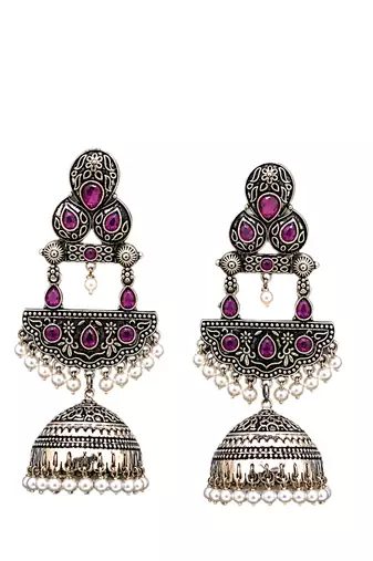 German silver crescent wine long dome jhumka earrings