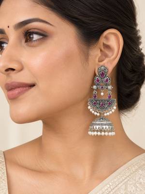German silver crescent wine long dome jhumka earrings 5