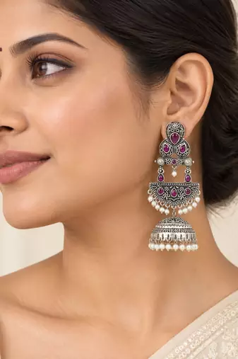 German silver crescent wine long dome jhumka earrings