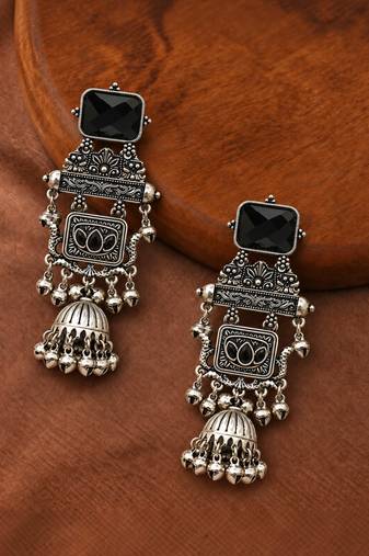 German silver geometric black long jhumka earrings
