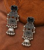 German silver geometric black long jhumka earrings