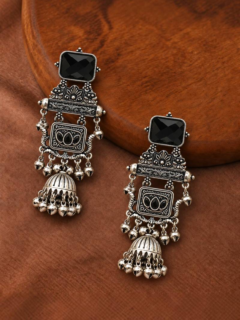 German silver geometric black long jhumka earrings