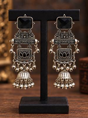 German silver geometric black long jhumka earrings 2