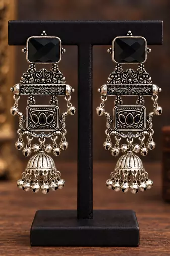 German silver geometric black long jhumka earrings