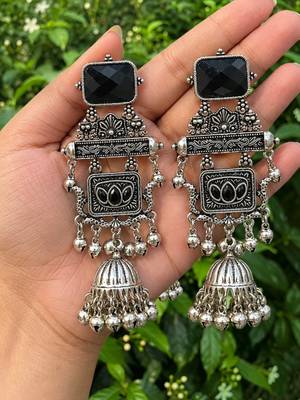 German silver geometric black long jhumka earrings 3