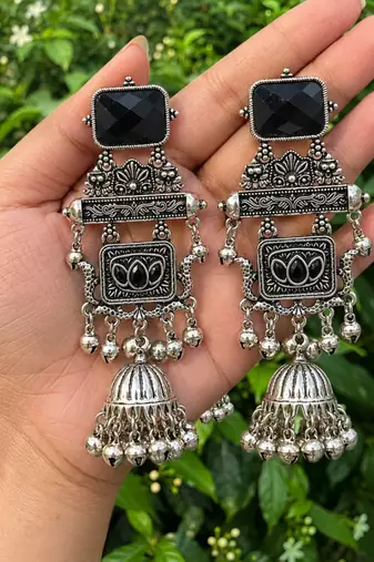 German silver geometric black long jhumka earrings