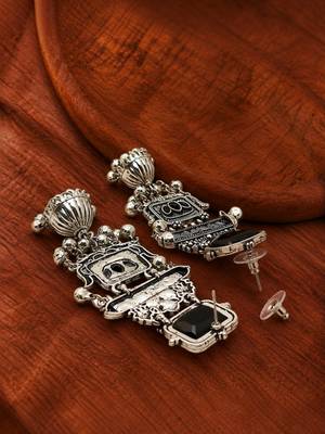 German silver geometric black long jhumka earrings 4
