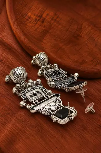 German silver geometric black long jhumka earrings