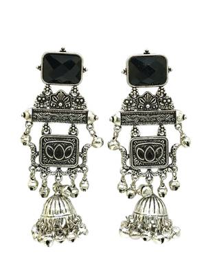 German silver geometric black long jhumka earrings 5