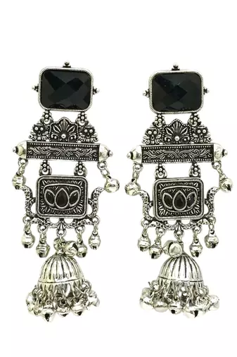 German silver geometric black long jhumka earrings