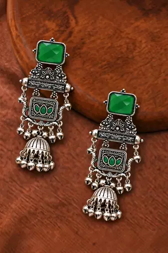 German silver geometric green long jhumka earrings
