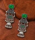 German silver geometric green long jhumka earrings