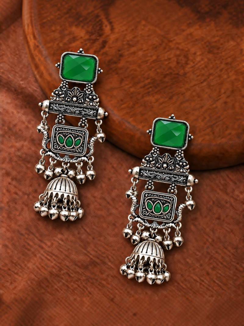 German silver geometric green long jhumka earrings
