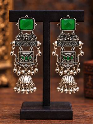 German silver geometric green long jhumka earrings 2