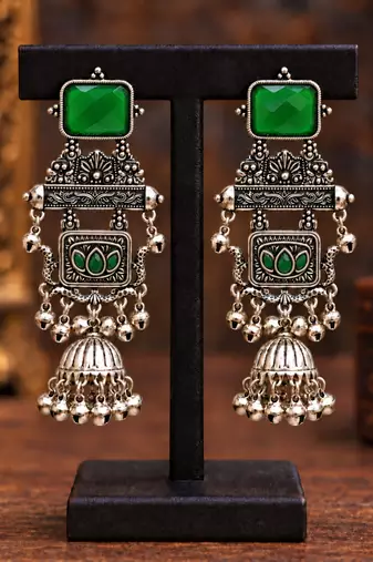 German silver geometric green long jhumka earrings