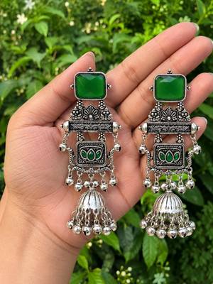 German silver geometric green long jhumka earrings 3