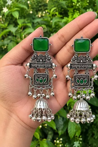 German silver geometric green long jhumka earrings