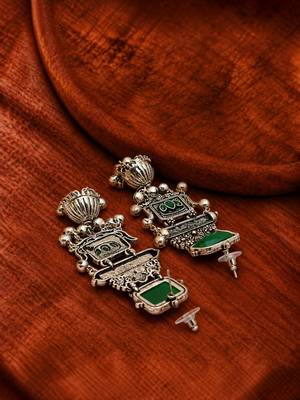 German silver geometric green long jhumka earrings 4