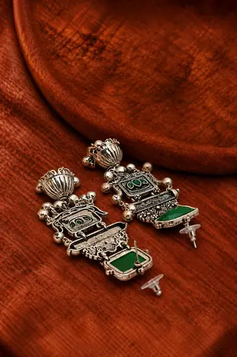 German silver geometric green long jhumka earrings