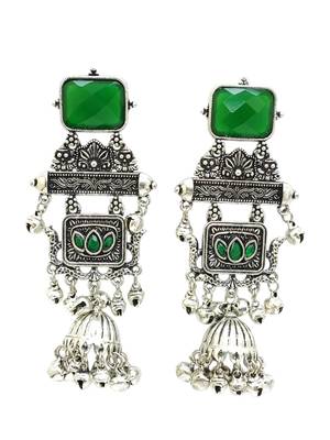 German silver geometric green long jhumka earrings 5