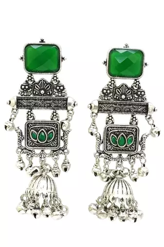 German silver geometric green long jhumka earrings