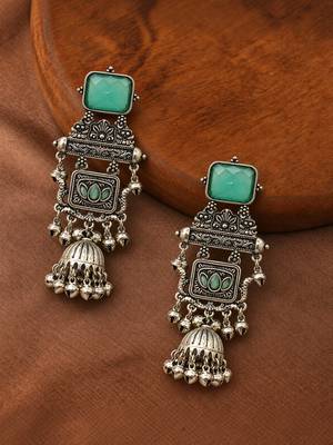 German silver geometric mint long jhumka earrings 1