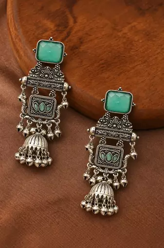 German silver geometric mint long jhumka earrings