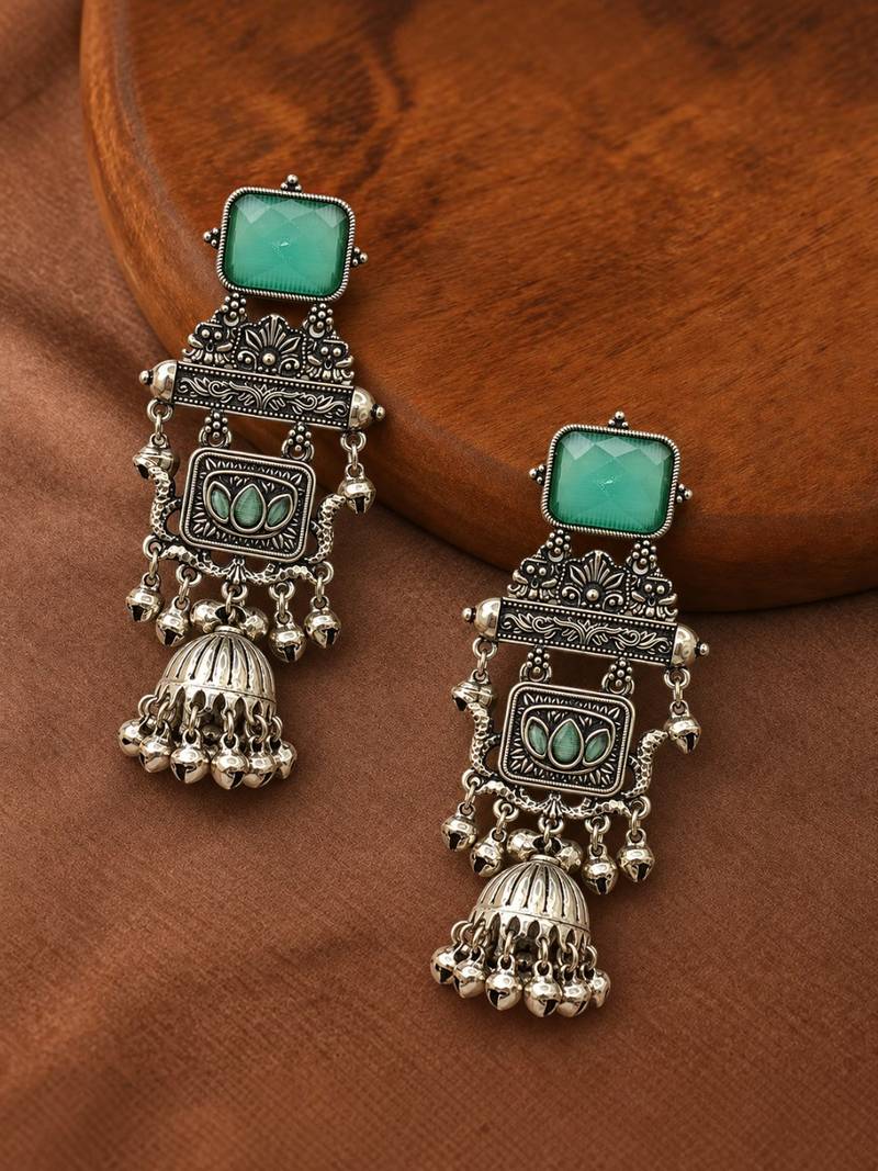 German silver geometric mint long jhumka earrings