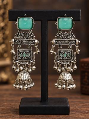 German silver geometric mint long jhumka earrings 2