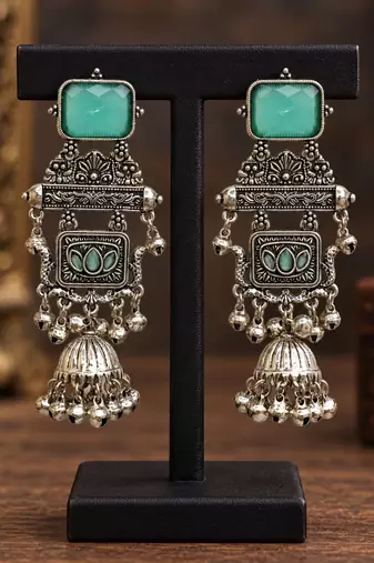 German silver geometric mint long jhumka earrings