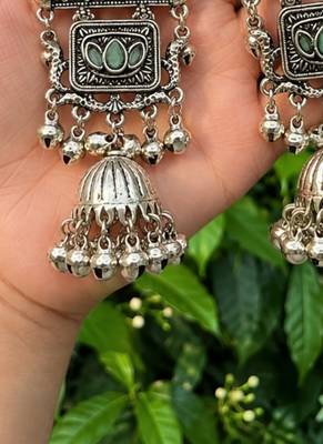 German silver geometric mint long jhumka earrings 3