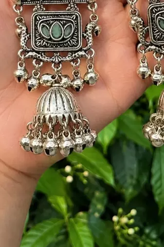 German silver geometric mint long jhumka earrings