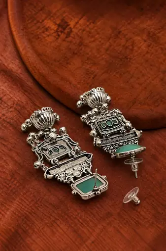 German silver geometric mint long jhumka earrings