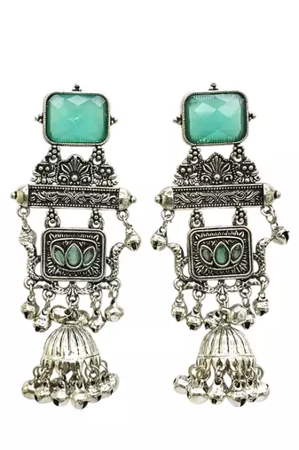 German silver geometric mint long jhumka earrings
