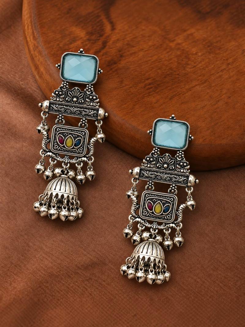 German silver geometric multi long jhumka earrings