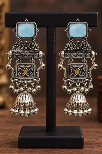 German silver geometric multi long jhumka earrings