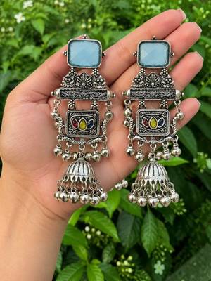 German silver geometric multi long jhumka earrings 3