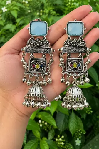 German silver geometric multi long jhumka earrings