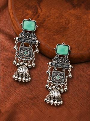 German silver geometric pink green long jhumka earrings 1
