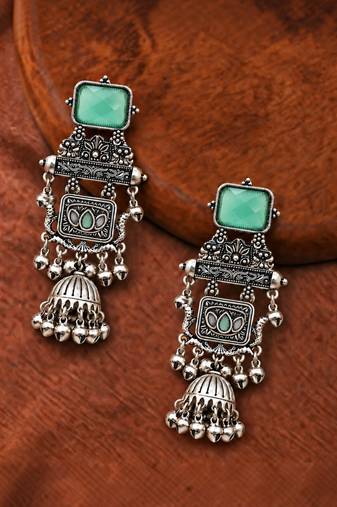 German silver geometric pink green long jhumka earrings