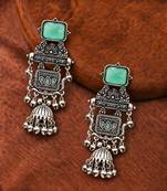 German silver geometric pink green long jhumka earrings