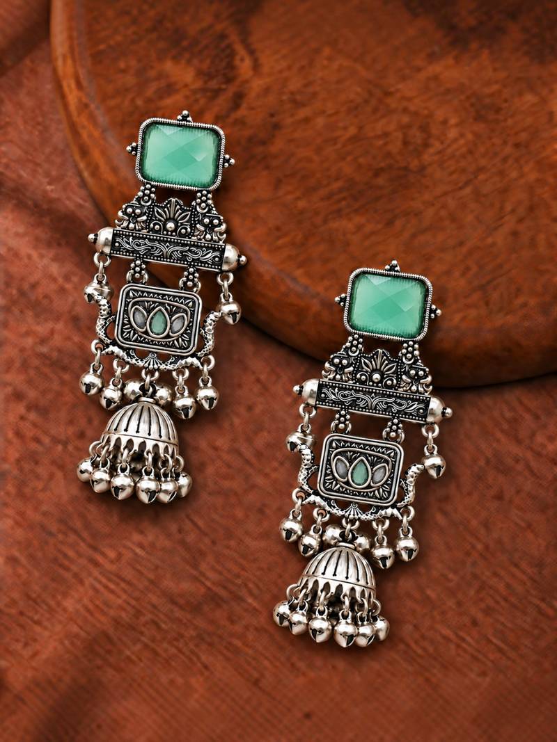 German silver geometric pink green long jhumka earrings