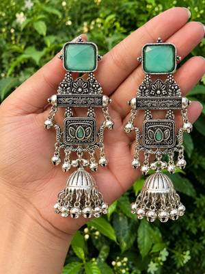 German silver geometric pink green long jhumka earrings 3