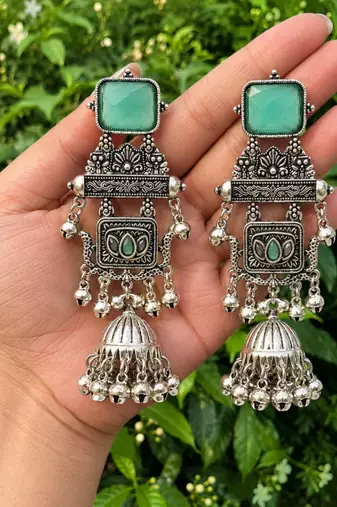 German silver geometric pink green long jhumka earrings