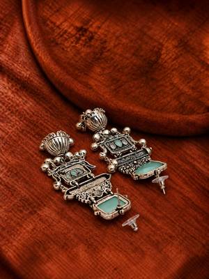 German silver geometric pink green long jhumka earrings 4